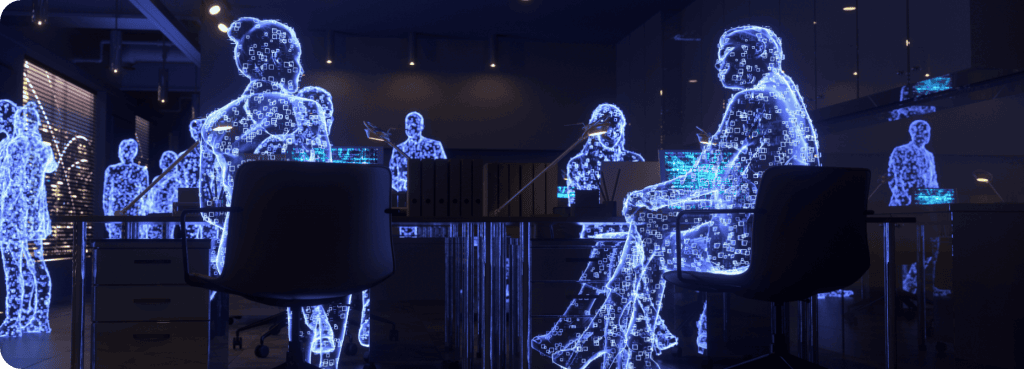 Une scène de bureau futuriste où des silhouettes holographiques bleues lumineuses, représentant des personnes assises ou debout autour de bureaux, se fondent dans un espace de travail sombre et moderne.