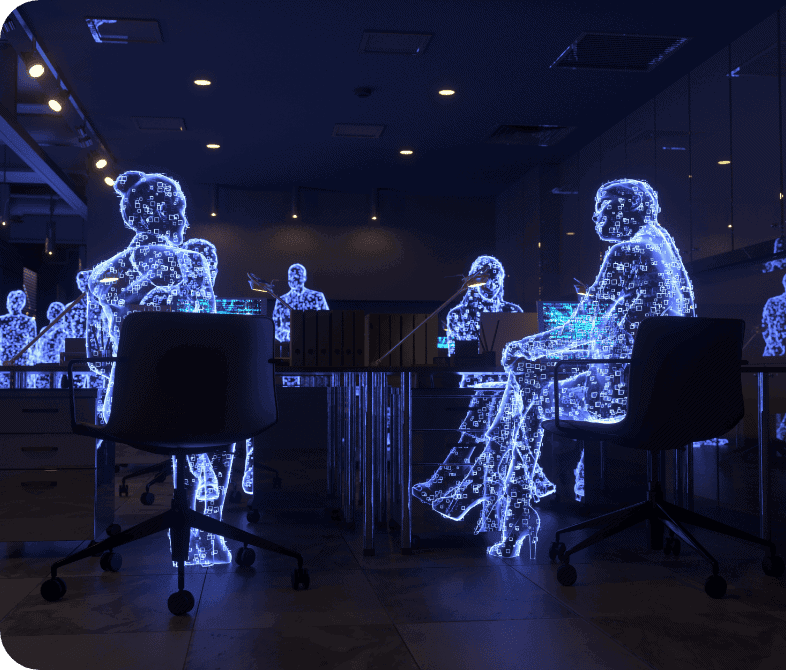Un bureau moderne où l'on voit des silhouettes holographiques bleues et lumineuses de personnes assises à leur bureau et en train d'interagir, représentant un espace de travail futuriste ou virtuel.