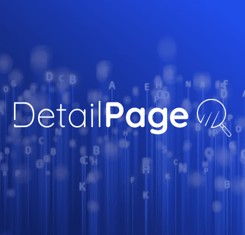 L'image comporte les mots « Page de détails » sur un fond bleu, avec des lettres lumineuses dispersées, ainsi qu'une icône représentant une loupe à côté du mot « Page ».