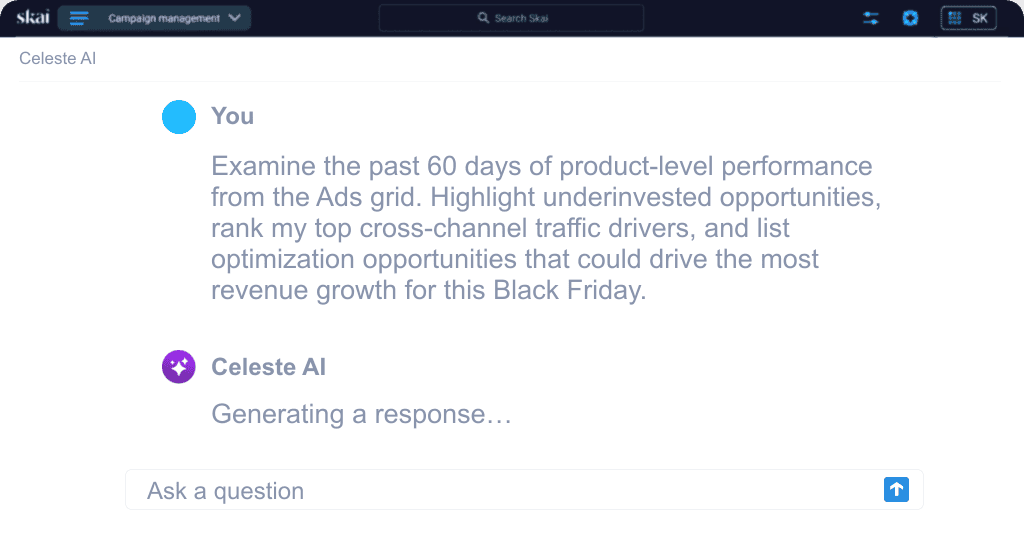 A user asks an AI tool to analyze 60 days of ads data, highlight opportunities, rank traffic drivers, and suggest optimizations for Black Friday using advanced AI marketing solutions. The AI is shown generating a response in a chat interface.