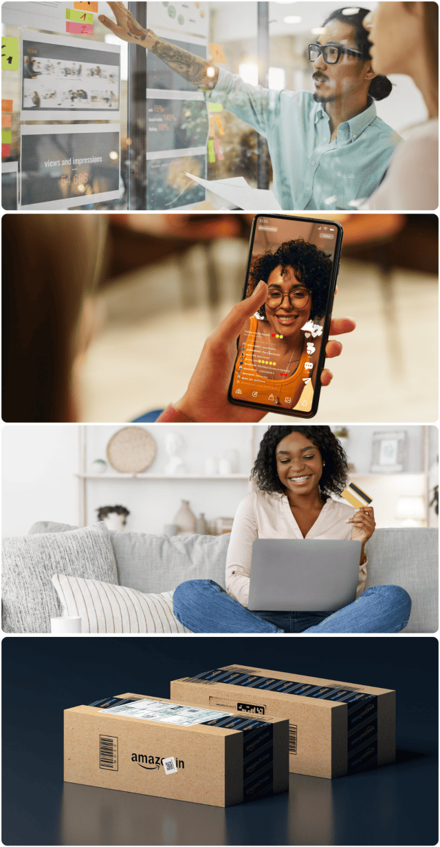 Un collage représentant un homme devant un tableau blanc, un appel vidéo sur téléphone, une femme faisant des achats en ligne avec un ordinateur portable et une carte bancaire, ainsi que deux colis Amazon posés sur une surface sombre.