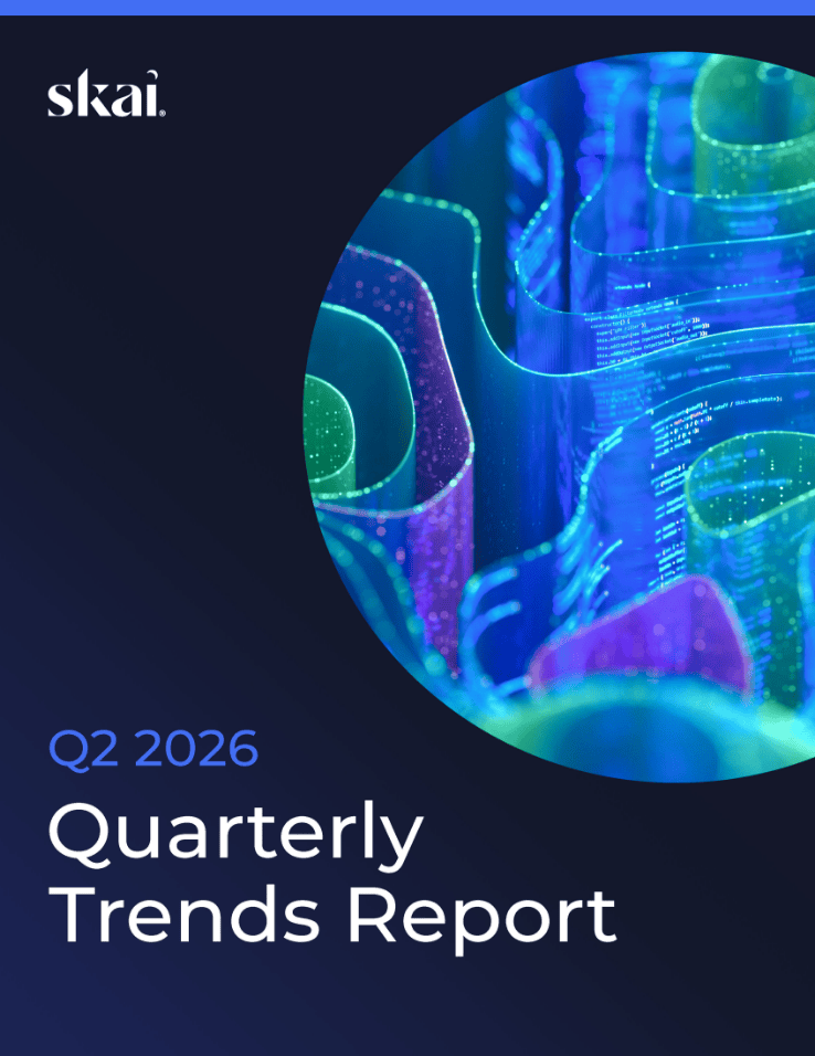 Titelseite von SkaiQuartalsbericht „Quarterly Trends Report“ für das zweite Quartal 2026, mit abstrakten digitalen Formen in Neonblau, Grün und Lila, die einen Kreis bilden, sowie auffälligem weißem und blauem Text auf dunkelblauem Hintergrund.