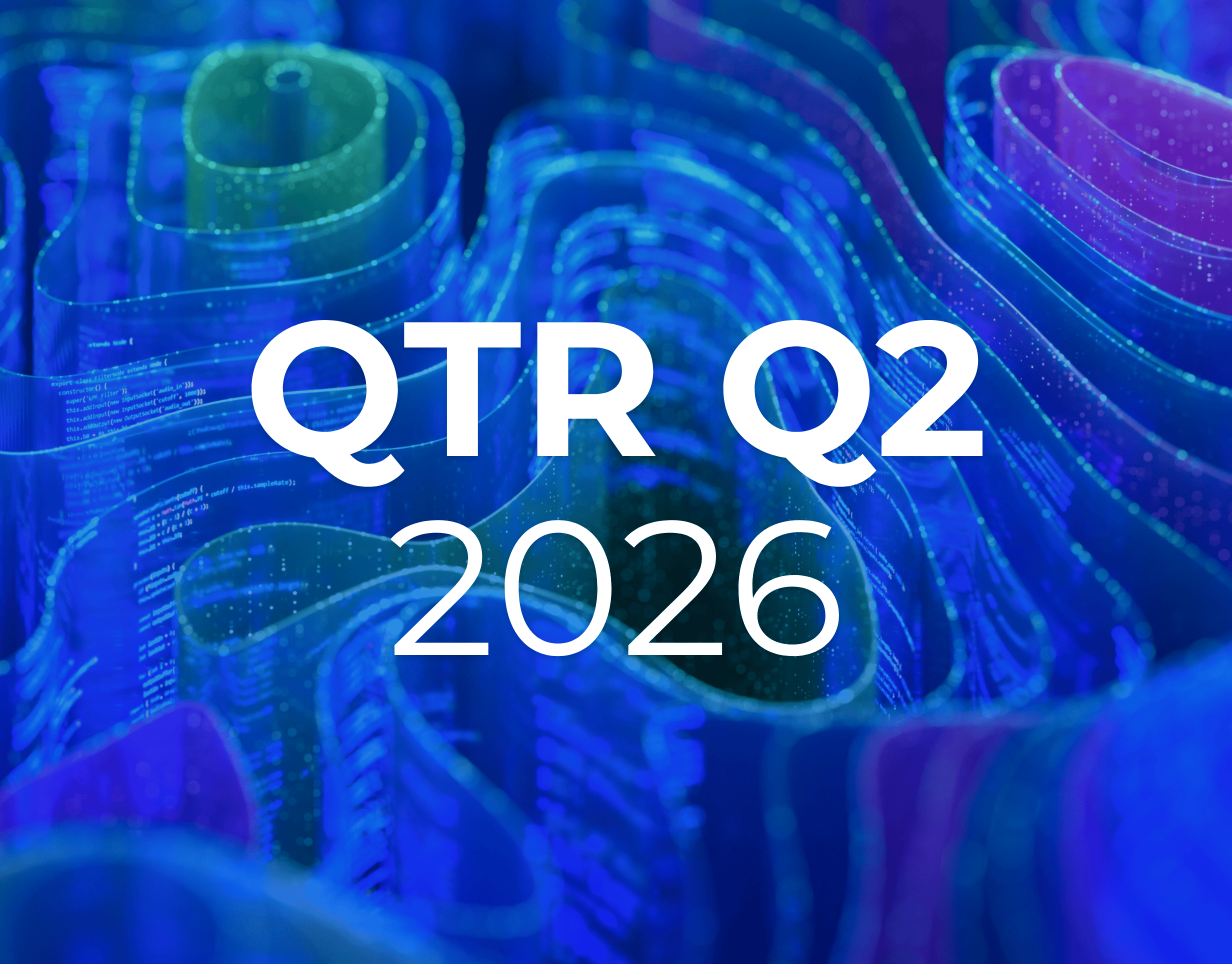 Schreibe „QTR Q2 2026“ über abstrakte, wellenförmige blaue und violette Linien mit digitalen Mustern, um einen futuristischen, technologischen Hintergrund zu schaffen, der den Innovationsgeist der digitalen Marketingtrends des ersten Quartals 2026 widerspiegelt.
