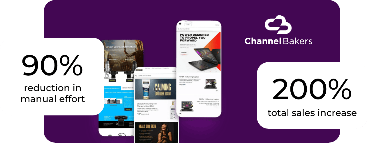 Channel Bakers ad with text: 90% reduction in manual effort beside website screenshots, and 200% total sales increase to the right of a phone image with the Channel Bakers logo on a purple background.