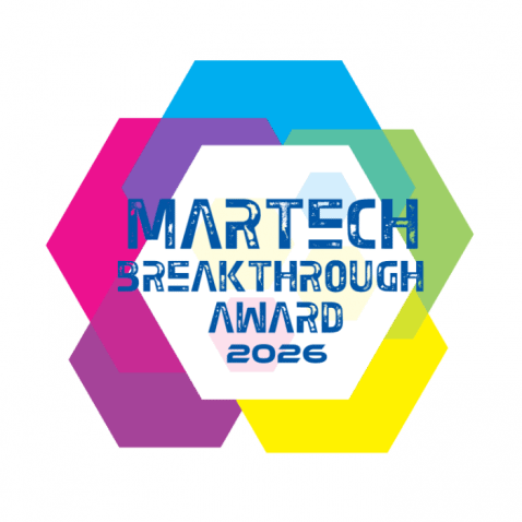 Logo with overlapping colorful hexagons and distressed text in the center reading MarTech Breakthrough Award 2026..