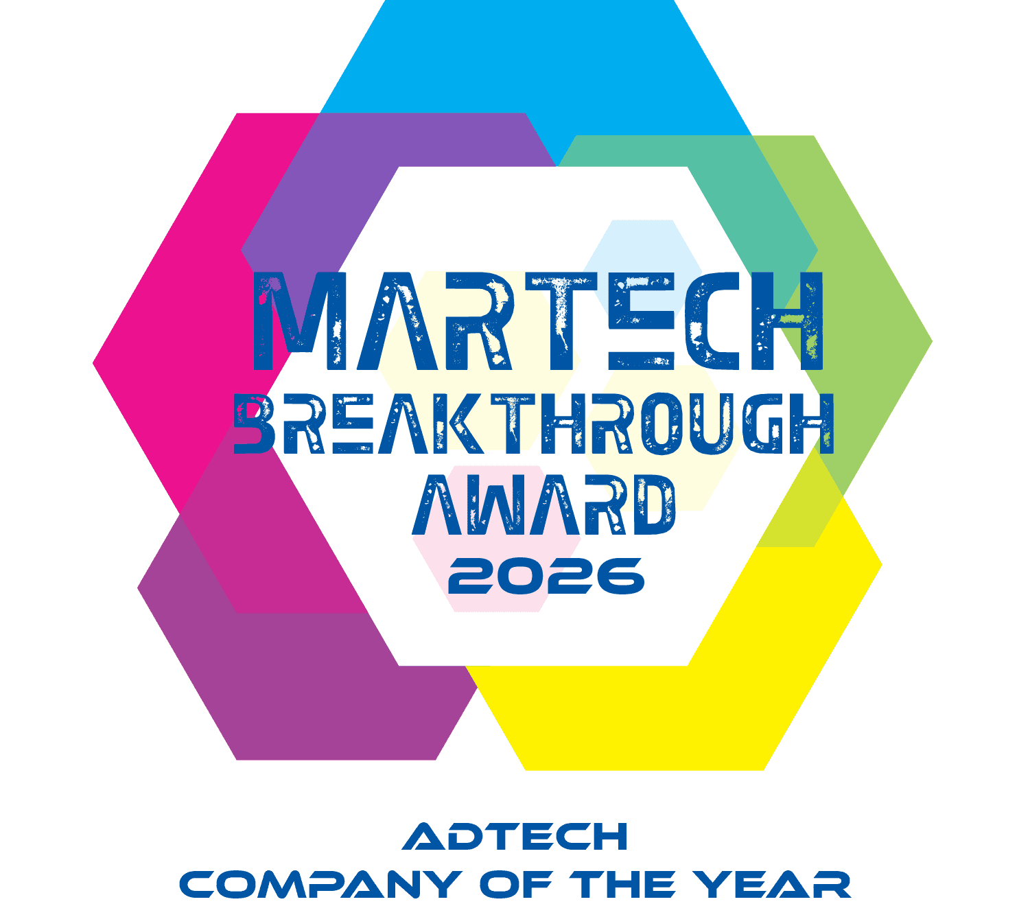 Hinter dem Schriftzug „MarTech Breakthrough Award 2026“ überlappen sich bunte Sechsecke, darunter steht „AdTech-Unternehmen des Jahres“. Der Hintergrund ist hellgrau.