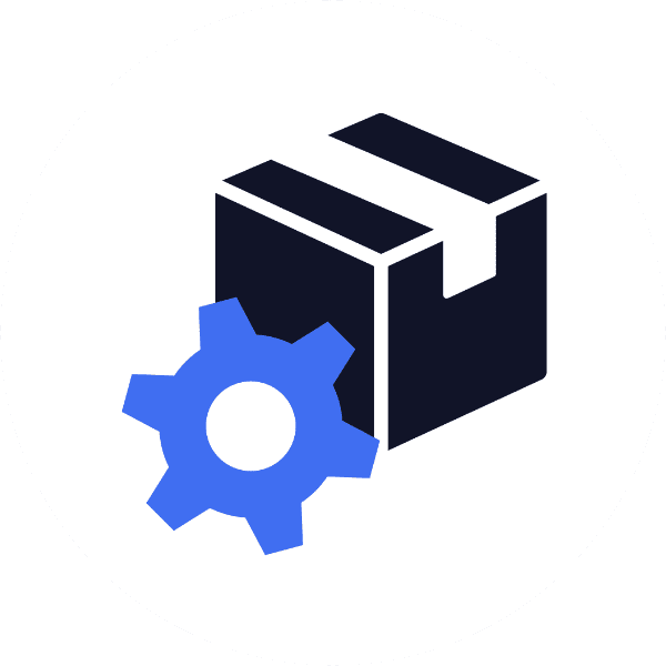 A black box sealed with white tape sits behind a blue gear, symbolizing package settings or configuration on a white circular background.