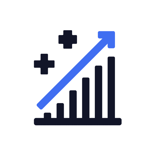 A bar chart with five ascending bars, a blue upward arrow, and two blue plus signs, symbolizing growth or positive progress.