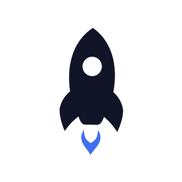 Simple black rocket icon with a circular window, emitting a small blue flame from its base, centered on a white circular background.