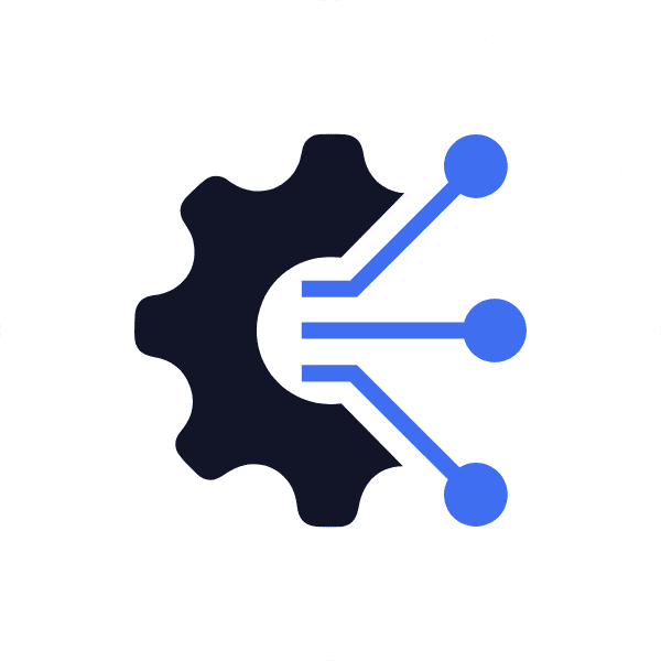 A black gear with three blue lines ending in circles extending from its center, symbolizing technology integration or digital connection, on a white background.