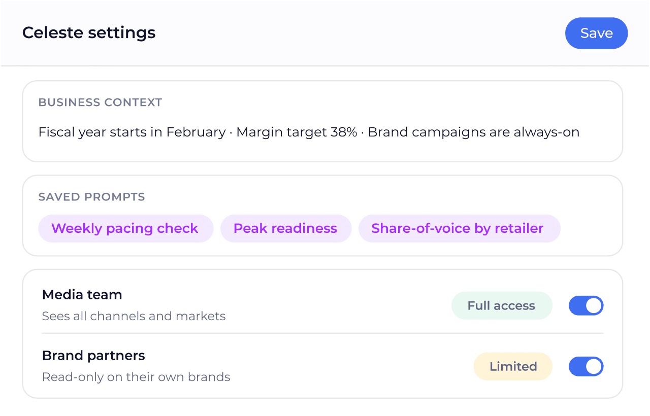 Celeste AI settings with business context, preferences and saved prompts