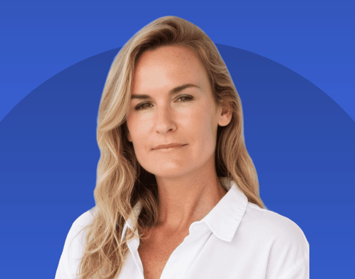 Headshot of a woman with long blonde hair wearing a white collared shirt against a blue circular background.