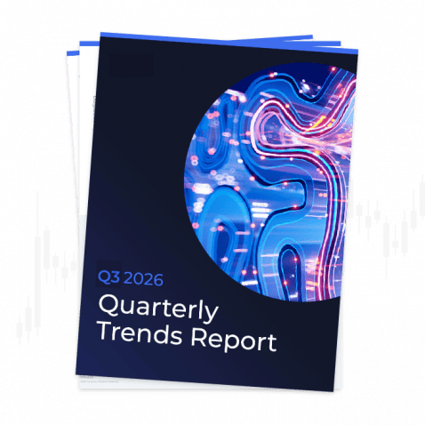Titelseite des Quartalsberichts „Quarterly Trends Report“ für das 3. Quartal 2026 mit einer abstrakten, kreisförmigen Grafik in Blau und Orange.