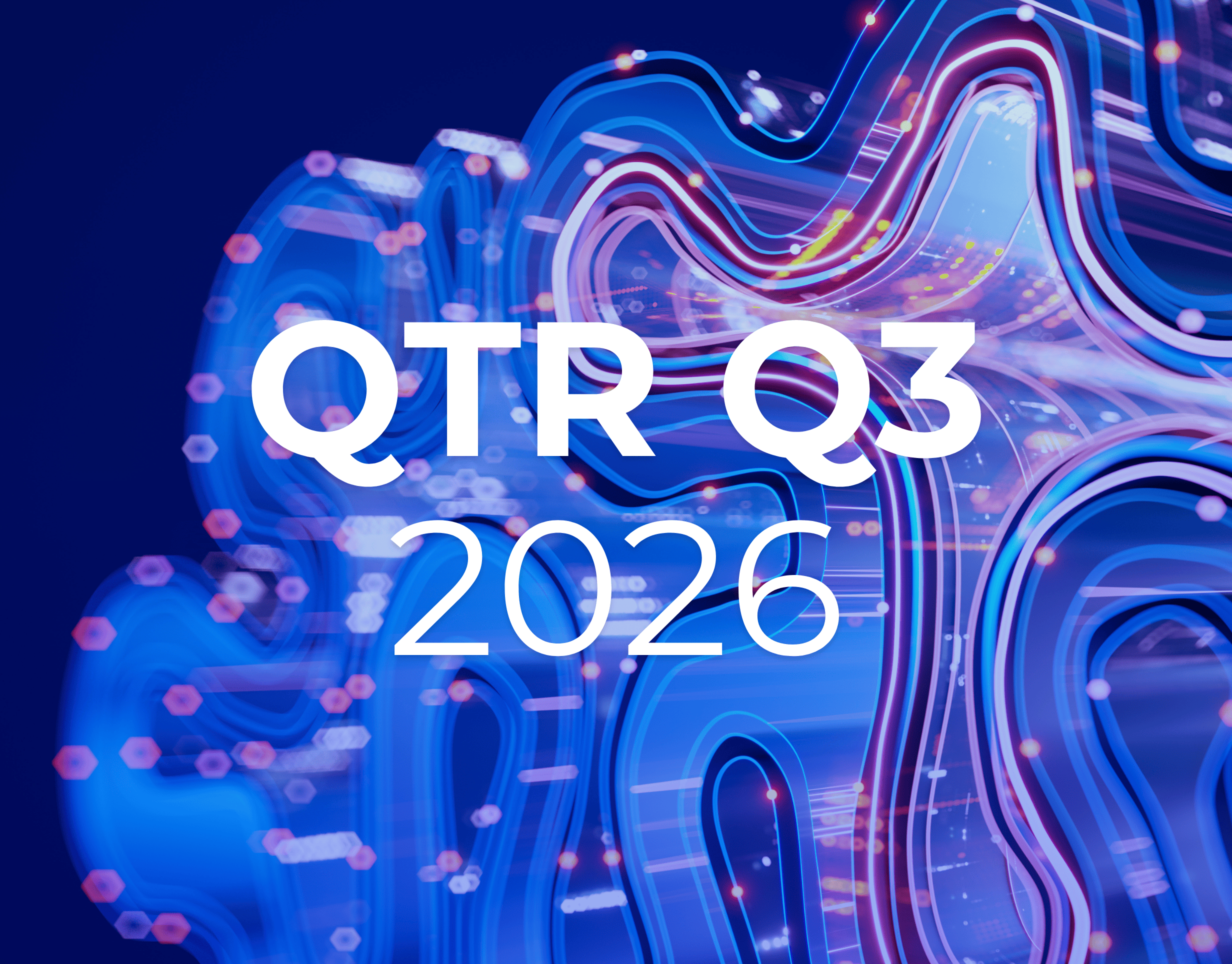 Dans ce rapport sur les tendances du marketing numérique, le texte « QTR Q3 2026 » se détache sur un fond bleu abstrait composé de lignes lumineuses qui s'entrelacent.