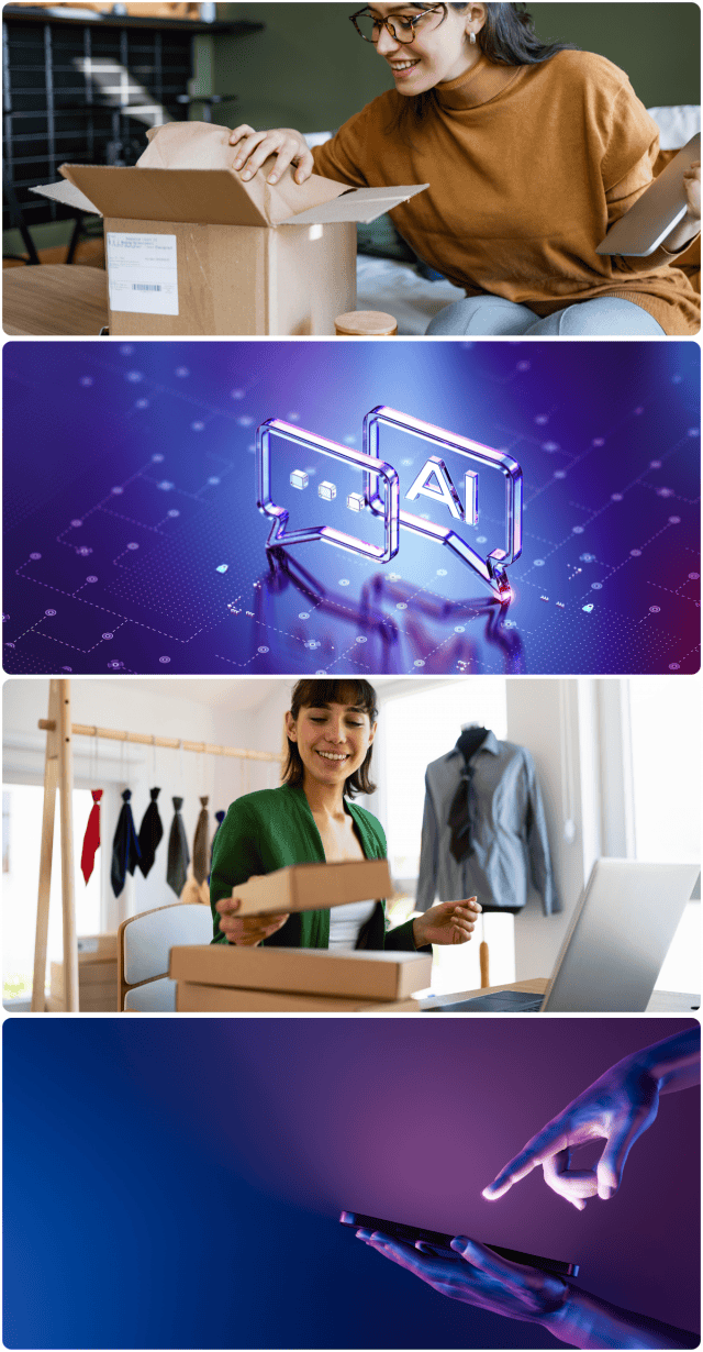 A four-panel collage showing a woman opening a shipping box, two glowing chat bubble icons with the letters AI on a digital grid, a woman packing a box in a studio with clothing racks, and a hand reaching toward a glowing smartphone screen.