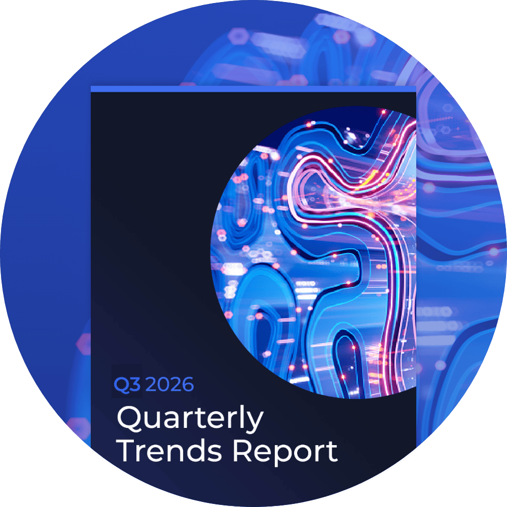 Circular image showing the Q3 2026 Quarterly Trends Report cover with glowing abstract data lines in blue, purple, and pink tones.
